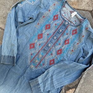 Roper Henley Tunic Top Womens XS Blue Southwestern Embroidered